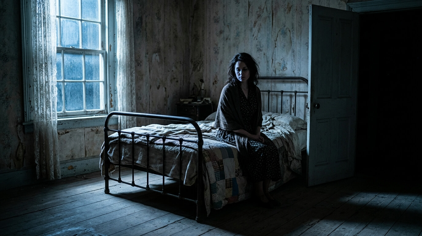 Mysterious woman sitting on an old hotel bed, illustrating the shocking Sara Havens twist in Hell House LLC.