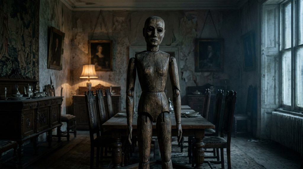 The creepy life-sized wooden mannequin in the dark house in Oddity (2024).