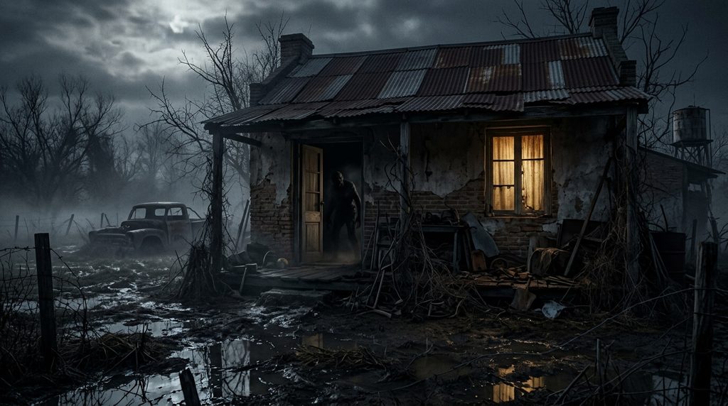 When Evil Lurks horror scene showing a decaying rural farmhouse and a mysterious infected figure in the darkness