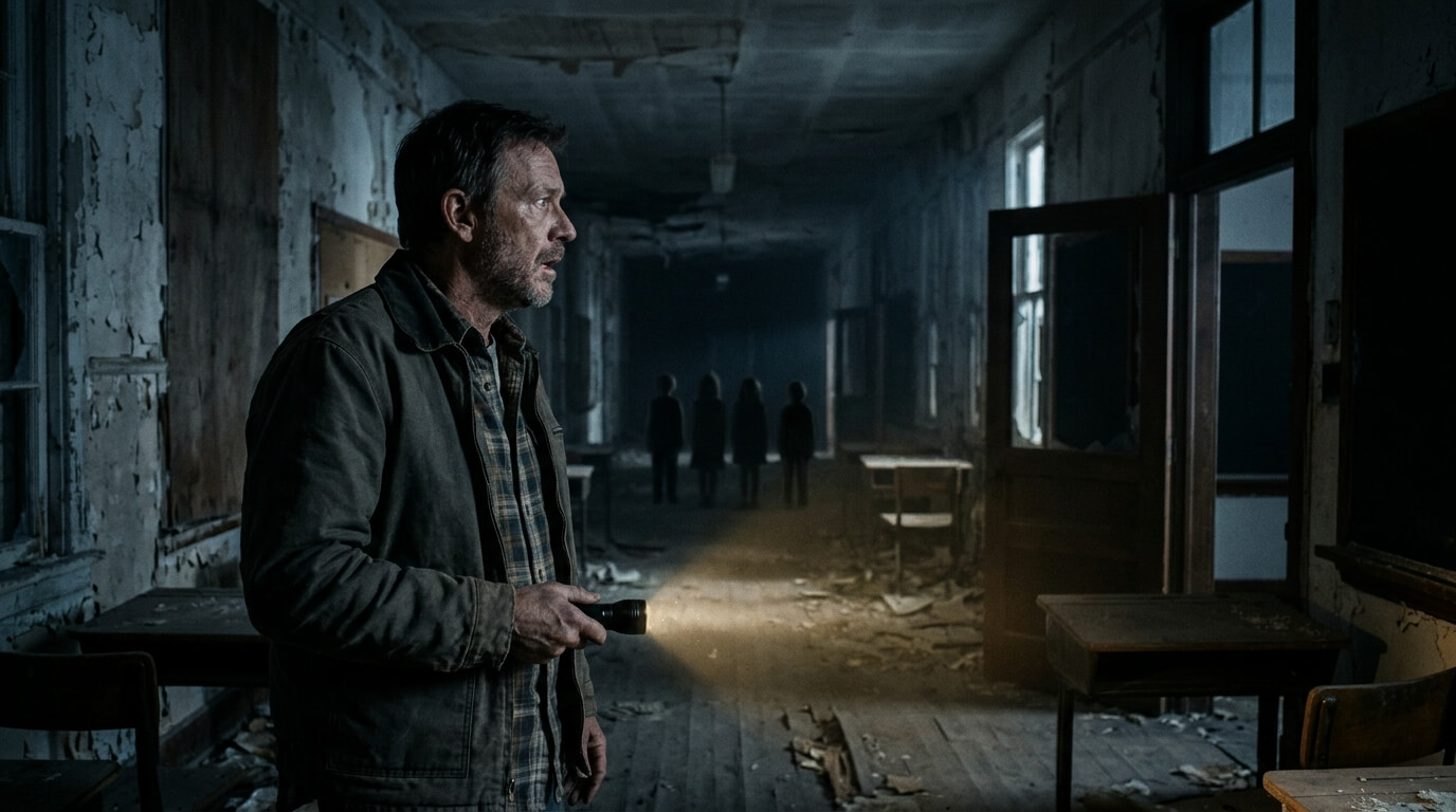 A dark abandoned schoolhouse with shadowy figures in a cinematic When Evil Lurks ending scene